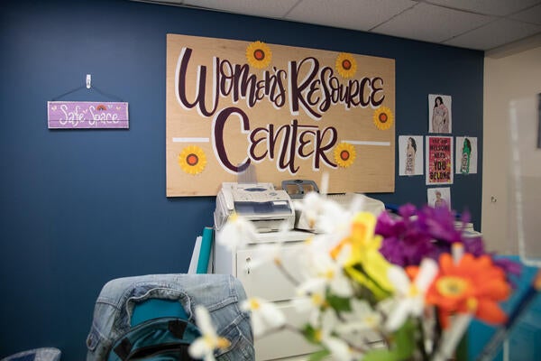 an image of a mural for the Women's Resource Center with flowers in the foreground
